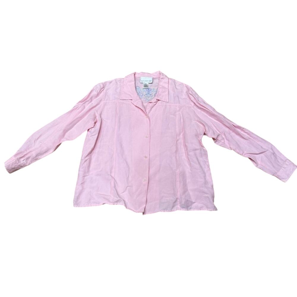 Susan Graver Style Embroidered Linen blouse button down shirt tunic Pink XL Art